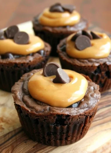 Delicious Peanut Butter Cup Brownies topped with chocolate and peanut butter cups