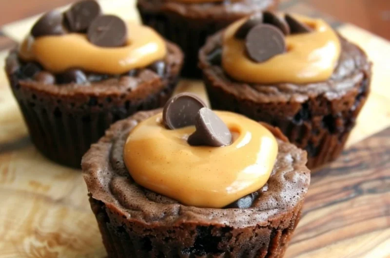 Delicious Peanut Butter Cup Brownies topped with chocolate and peanut butter cups