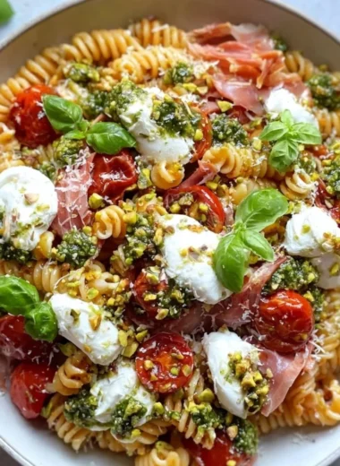 Colorful Radiatori Pasta Salad with fresh vegetables and dressing