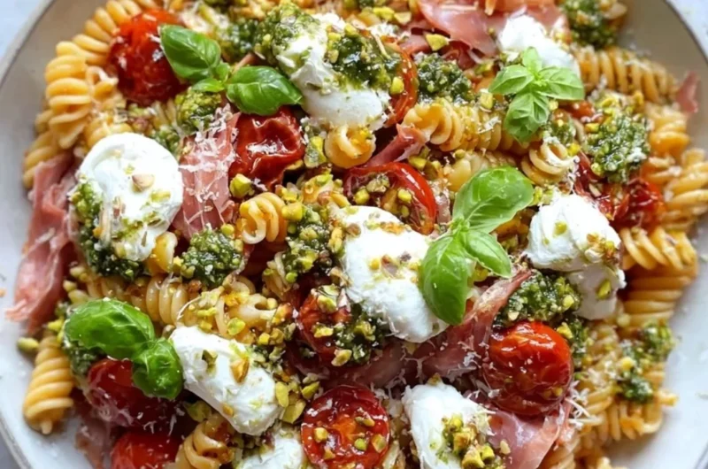 Colorful Radiatori Pasta Salad with fresh vegetables and dressing