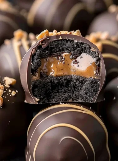 Reese's Oreo Balls dipped in chocolate and garnished with crushed Oreos