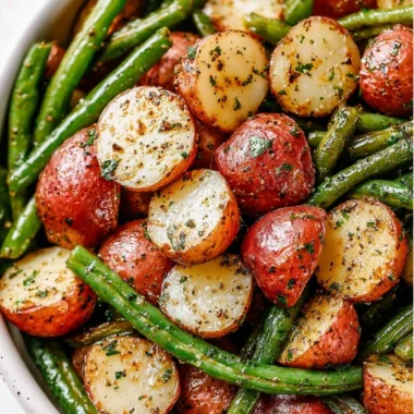 Delicious roasted potatoes and green beans on a plate