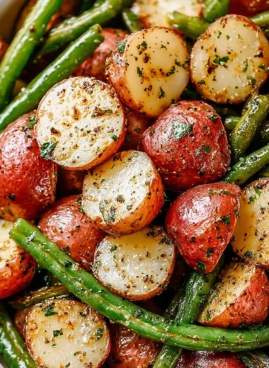 Delicious roasted potatoes and green beans on a plate