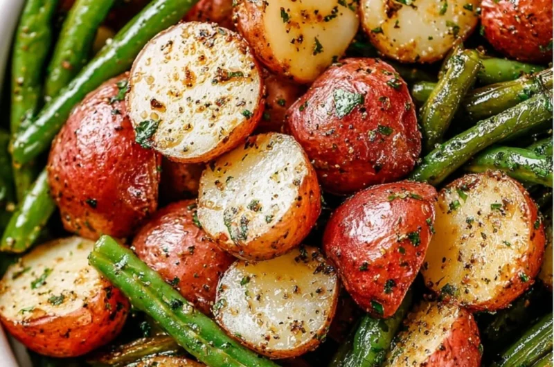 Delicious roasted potatoes and green beans on a plate