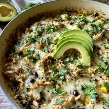 Salsa Verde Chicken & Rice Skillet topped with fresh cilantro and lime