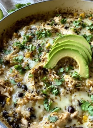 Salsa Verde Chicken & Rice Skillet topped with fresh cilantro and lime