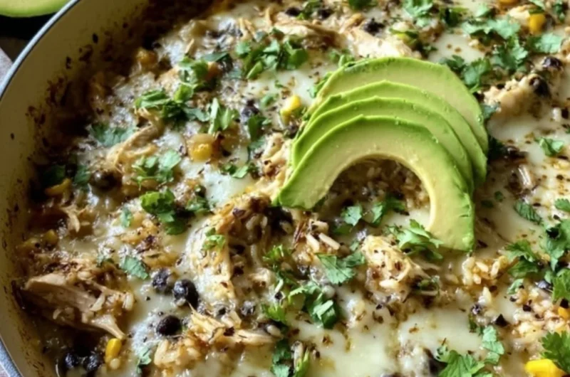 Salsa Verde Chicken & Rice Skillet topped with fresh cilantro and lime