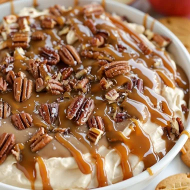 Delicious salted caramel pecan cheesecake dip served in a bowl with toppings