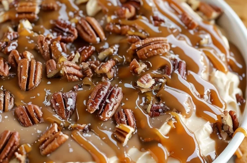 Delicious salted caramel pecan cheesecake dip served in a bowl with toppings