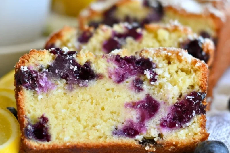 Soft and moist lemon blueberry yogurt cake served on a plate