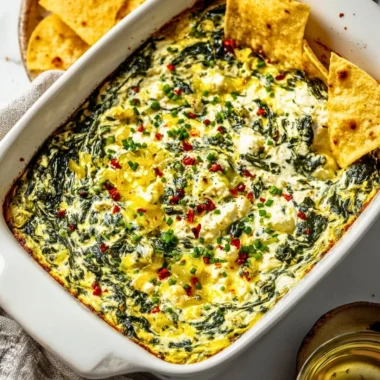 Creamy Spinach and Pepperoncini Baked Feta Dip served in a bowl