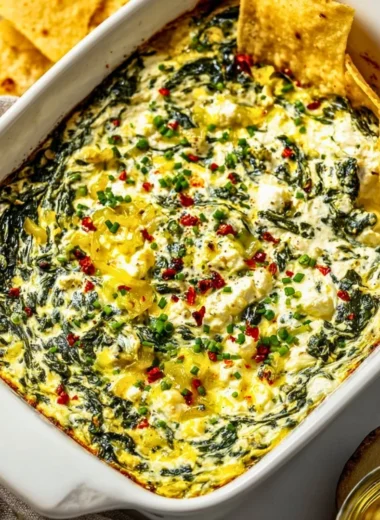 Creamy Spinach and Pepperoncini Baked Feta Dip served in a bowl