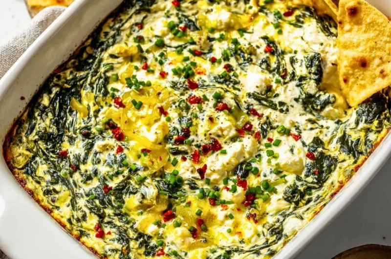 Creamy Spinach and Pepperoncini Baked Feta Dip served in a bowl