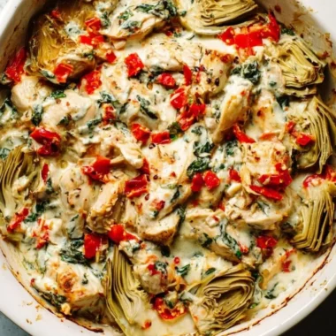 Spinach Artichoke Chicken Casserole with melted cheese and fresh ingredients