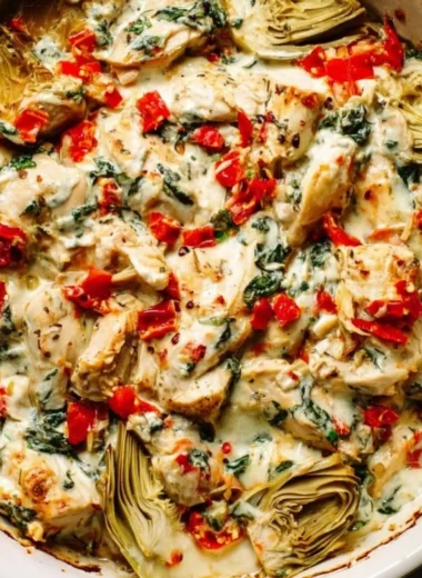 Spinach Artichoke Chicken Casserole with melted cheese and fresh ingredients