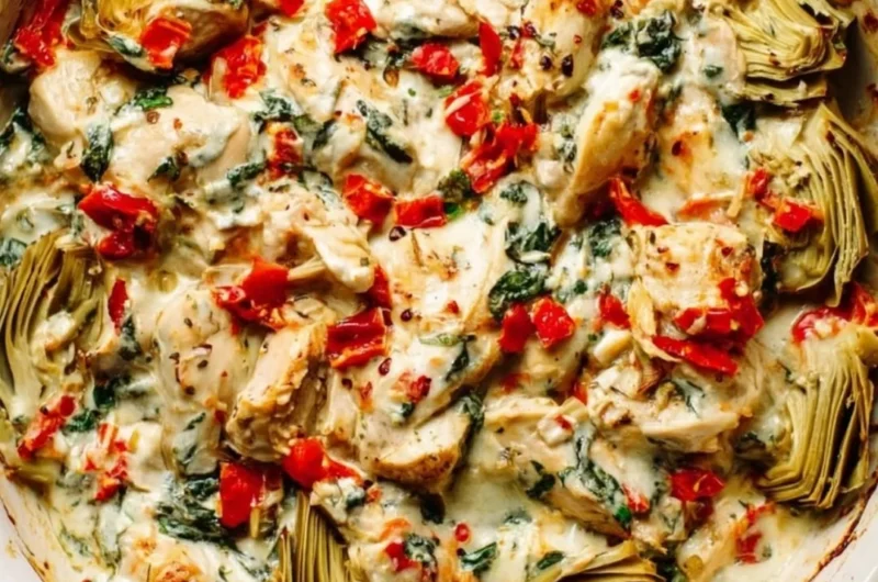 Spinach Artichoke Chicken Casserole with melted cheese and fresh ingredients