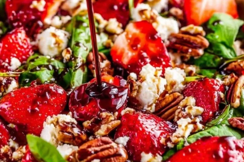 Fresh Spinach Strawberry Salad with Pecans garnished with dressing.