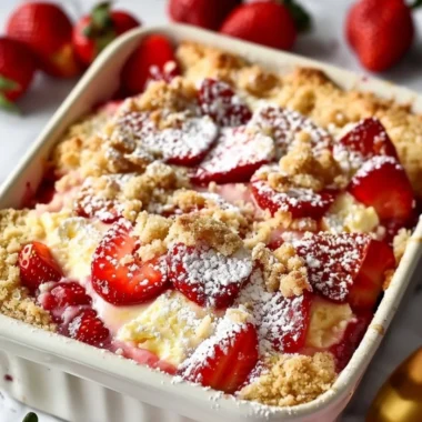 Delicious strawberry cheesecake dump cake served with fresh strawberries