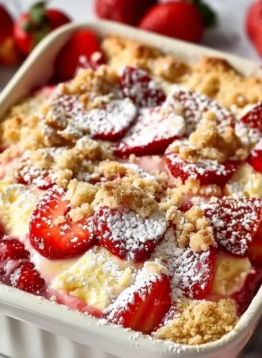 Delicious strawberry cheesecake dump cake served with fresh strawberries