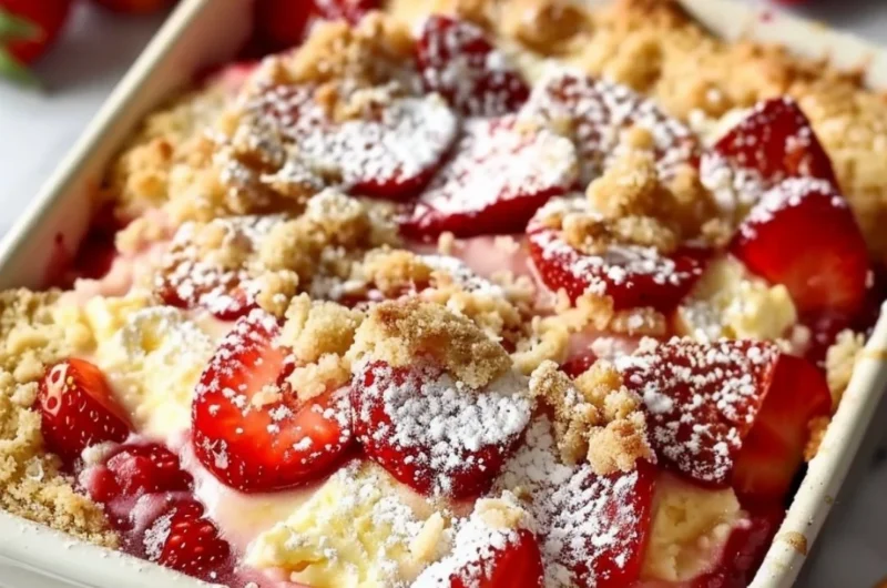 Delicious strawberry cheesecake dump cake served with fresh strawberries