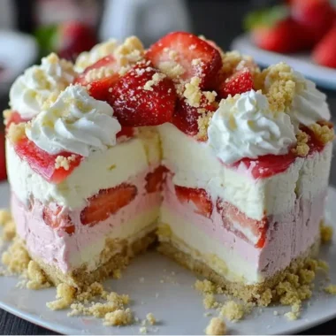Slice of Strawberry Crunch Cheesecake topped with fresh strawberries and crunchy crumbs