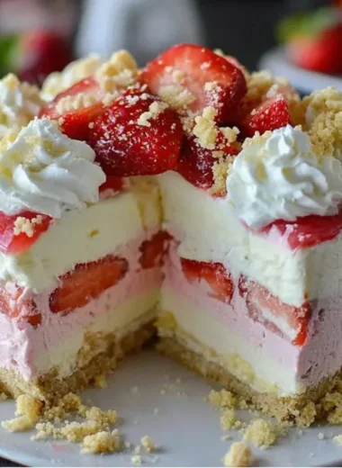 Slice of Strawberry Crunch Cheesecake topped with fresh strawberries and crunchy crumbs