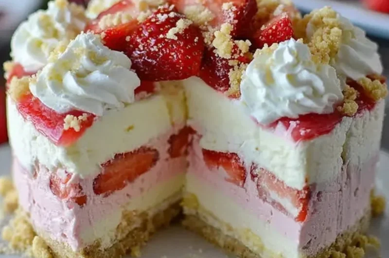 Slice of Strawberry Crunch Cheesecake topped with fresh strawberries and crunchy crumbs
