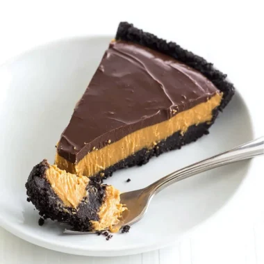 No bake chocolate peanut butter pie with creamy filling and chocolate topping