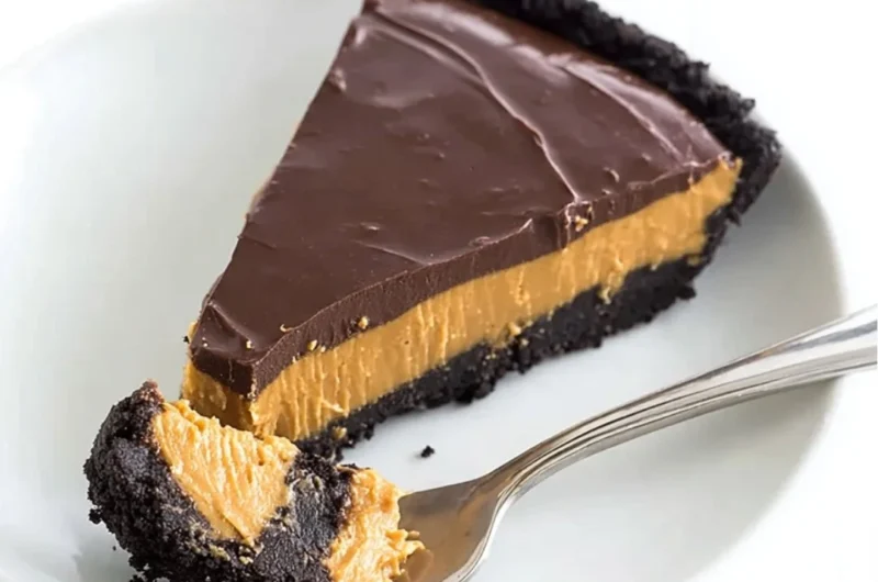 No bake chocolate peanut butter pie with creamy filling and chocolate topping
