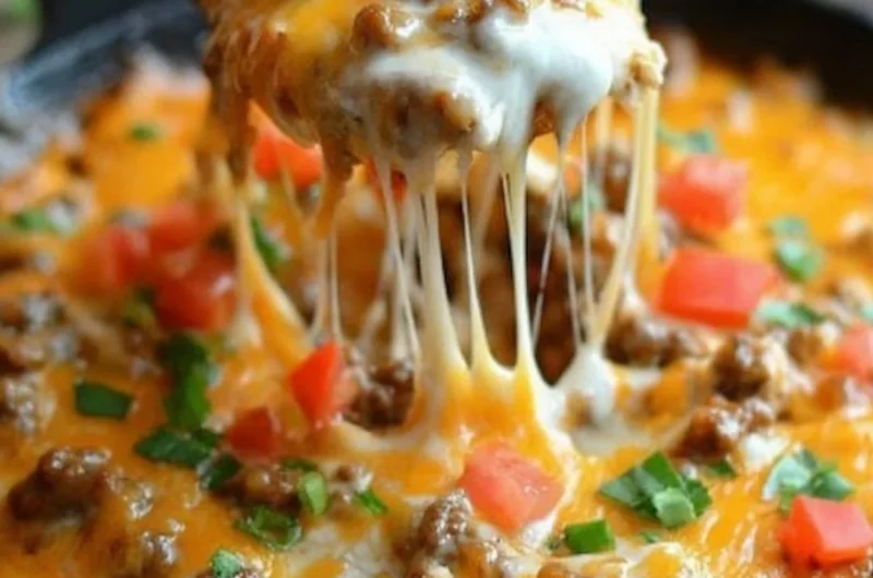 Delicious Texas Trash Dip served in a bowl with tortilla chips.