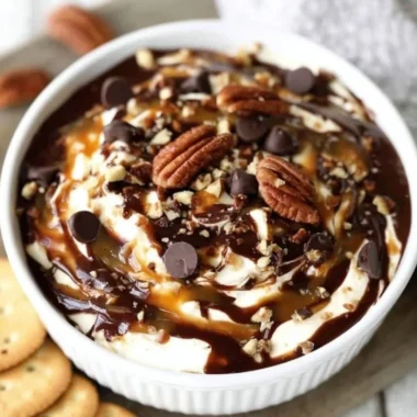 Turtle Cheesecake Dip served in a bowl with chocolate drizzle and pecans on top.