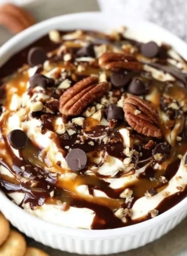 Turtle Cheesecake Dip served in a bowl with chocolate drizzle and pecans on top.