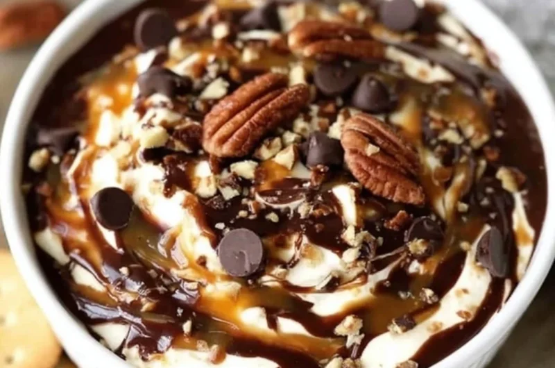 Turtle Cheesecake Dip served in a bowl with chocolate drizzle and pecans on top.