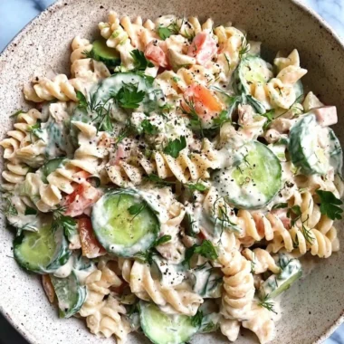Delicious Tzatziki Pasta Salad with fresh vegetables and creamy yogurt dressing