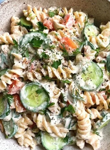 Delicious Tzatziki Pasta Salad with fresh vegetables and creamy yogurt dressing