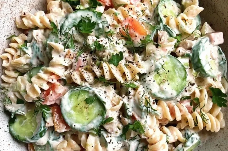 Delicious Tzatziki Pasta Salad with fresh vegetables and creamy yogurt dressing