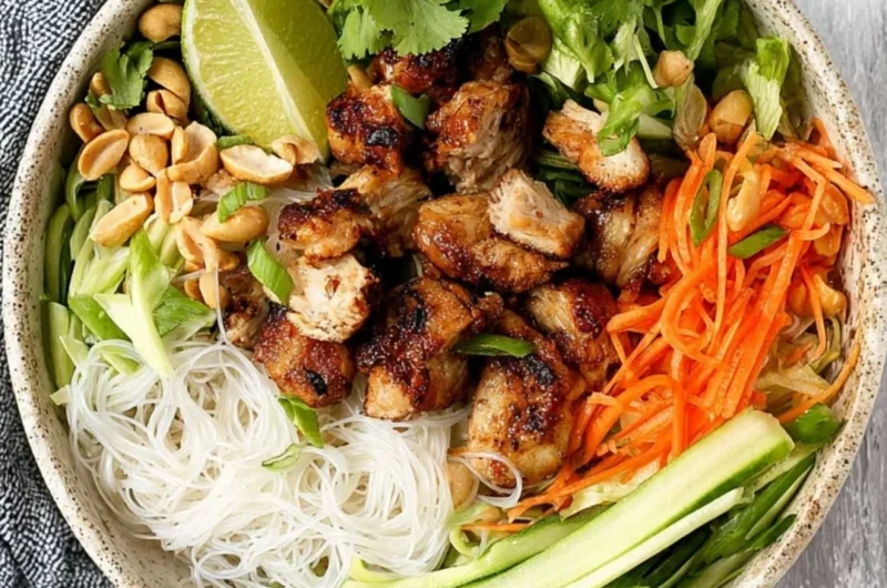 Vietnamese noodle bowl with lemongrass chicken garnished with fresh herbs
