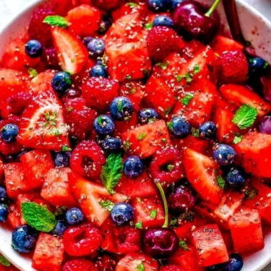 Fresh Watermelon Salad with mint and feta cheese in a bowl