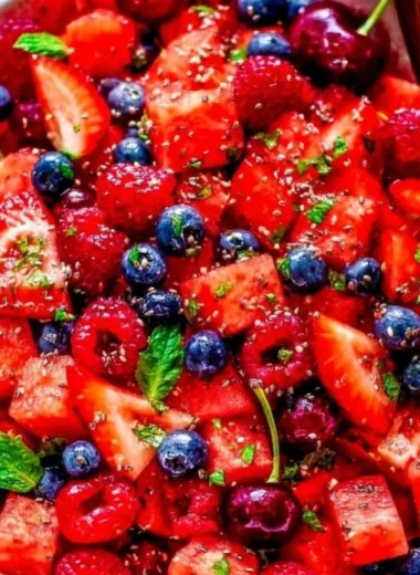 Fresh Watermelon Salad with mint and feta cheese in a bowl