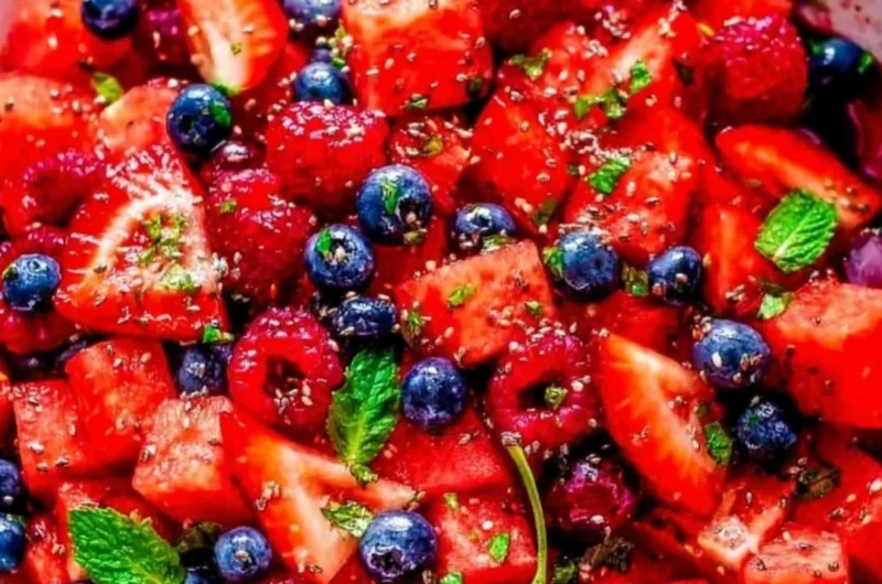 Fresh Watermelon Salad with mint and feta cheese in a bowl