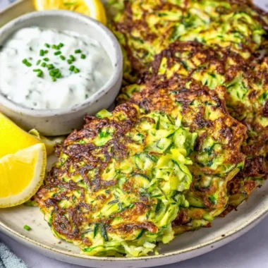 Delicious zucchini fritters served on a plate with a dipping sauce