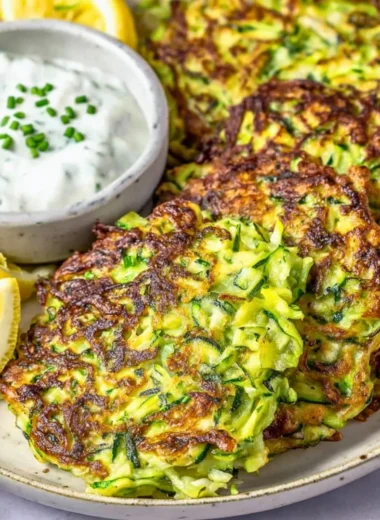 Delicious zucchini fritters served on a plate with a dipping sauce