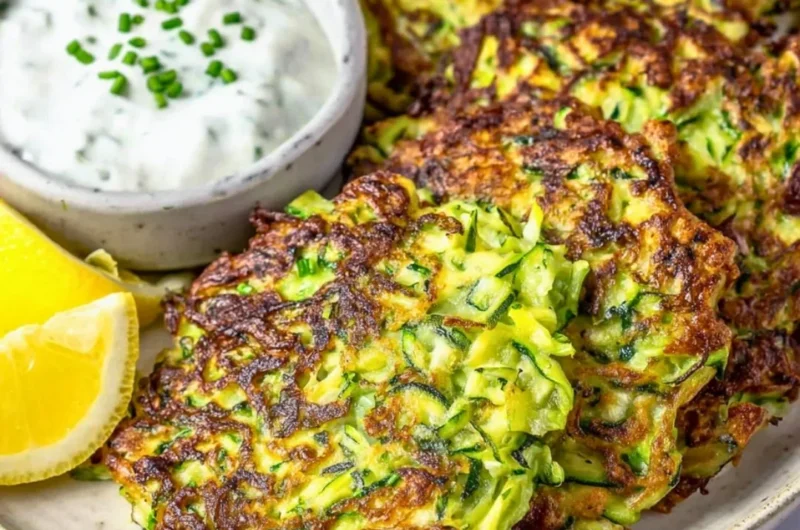 Delicious zucchini fritters served on a plate with a dipping sauce